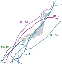 The paths of major typhoons in 2003