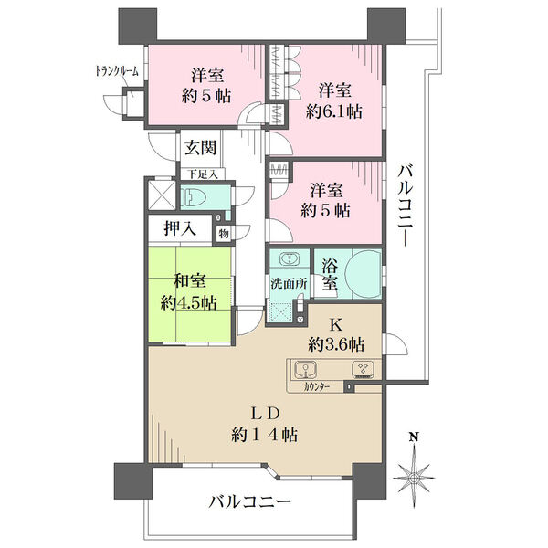 南・東側の2面バルコニー有り。LDKが南向きバルコニーに面しています。トランクルーム付きです。