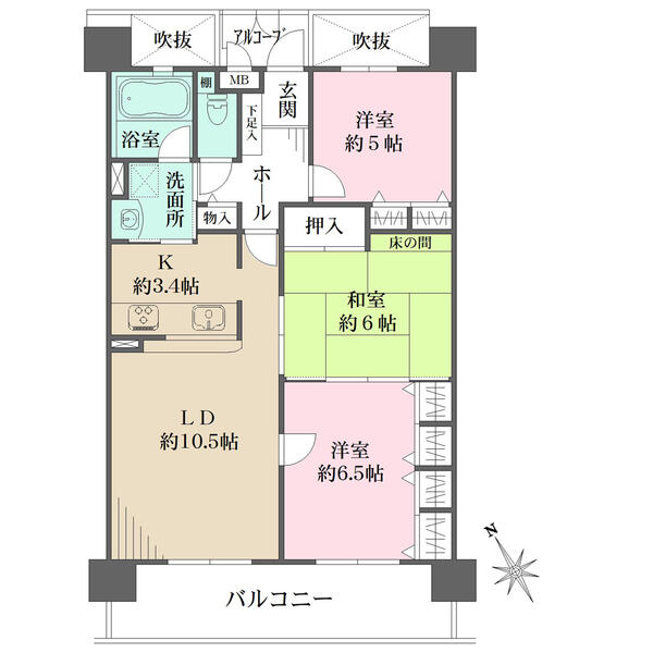 LDKは合計13.9帖。各和・洋室と廊下に収納有り。アルコーブには専用門扉が設けられています。