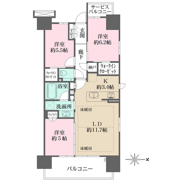 東向きバルコニー、西向きサービスバルコニー有り。3面に開口部が設けられた、開放的な角住戸です。