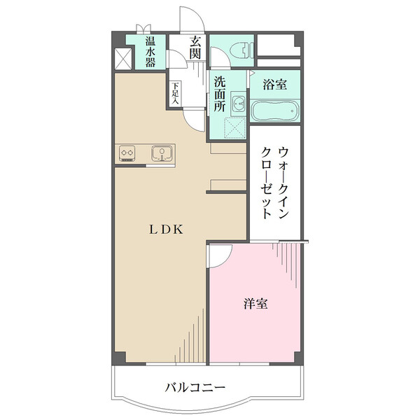 LDK・洋室が南向きバルコニーに面した明るい間取り。洋室には大型のウォークインクローゼット付き。