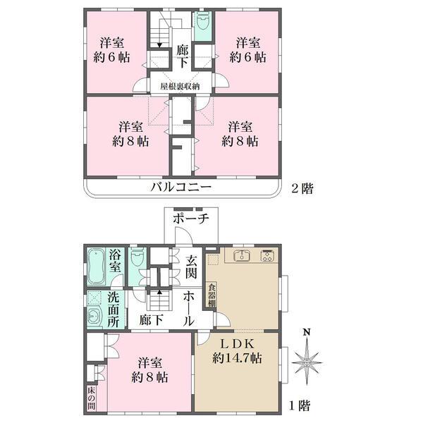 全居室6帖超。廊下部分を最小限に抑え、各居室をゆったり使えるレイアウトです。便利な屋根裏収納付。