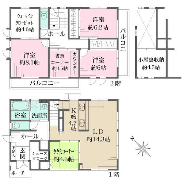 4.5帖の畳コーナー、4.5帖の書斎コーナー、4.6帖のウォークインクロゼット。便利な小屋裏収納付。