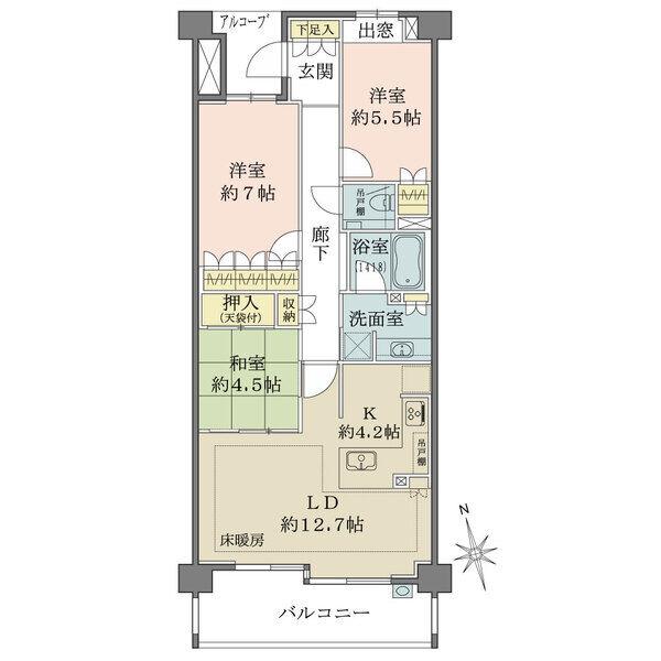 北・南の2面に開口部があり、陽当り・通風良好です。全居室に収納有。独立性が高いアルコーブ付きです。