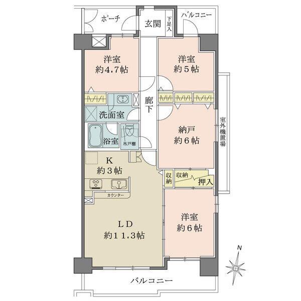 南・東向き角住戸につき、採光・通風良好。2面バルコニー。各室収納付き。