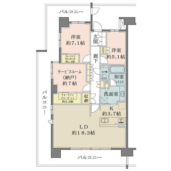 陽当り・通風・眺望良好な南西向き三方角住戸。サービスルームは約7帖の広さ。各洋室や廊下など収納充実。