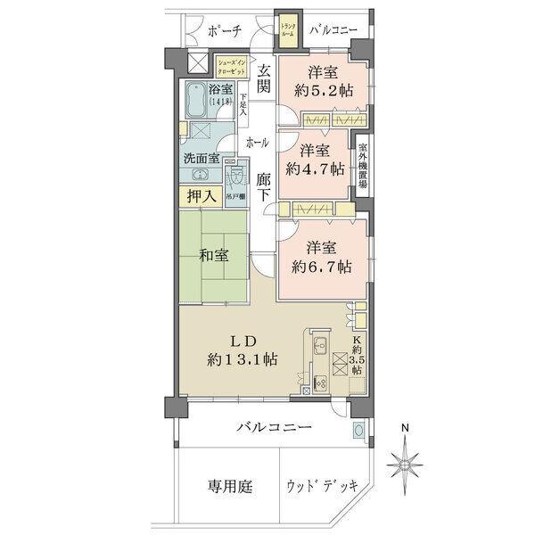 1階部分、93.25m2、4LDK、バルコニー南向きにつき陽当り・通風良好、専用庭・ウッドデッキ有