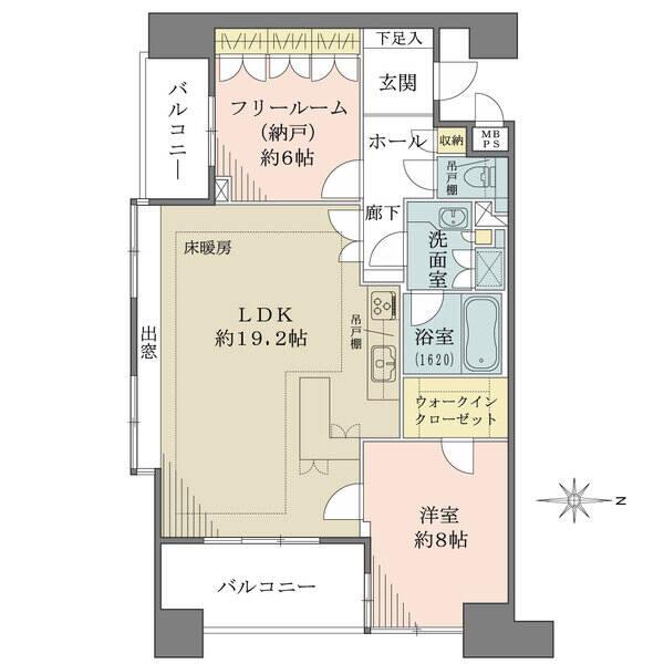 8階部分、2面バルコニー付きの東南角住戸。LDKは19帖超、ウォークインクローゼットなど収納も豊富。