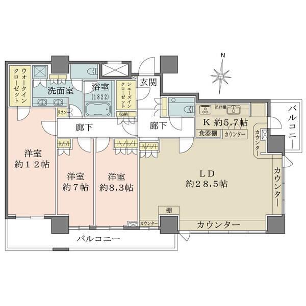 ダイレクトウィンドウで採光・眺望良好な約28.5帖のLD。天井高は約2.7mにつき、開放的な室内。