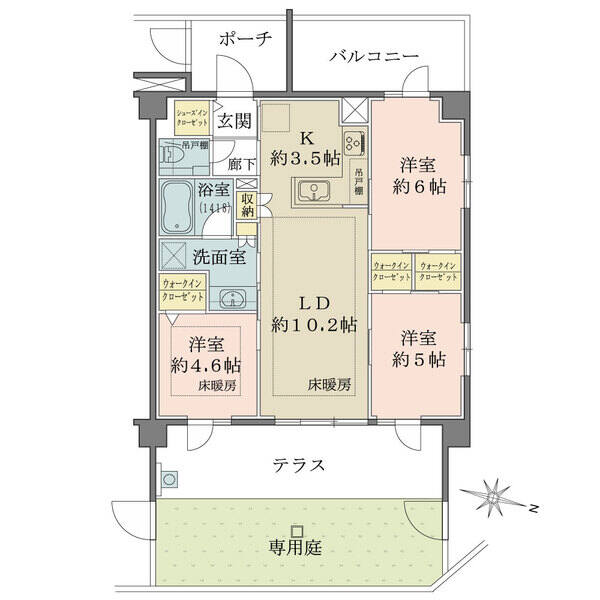 各居室豊富な収納があり、L字型キッチンが魅力的なお部屋となります。床暖房も2箇所設置されています。