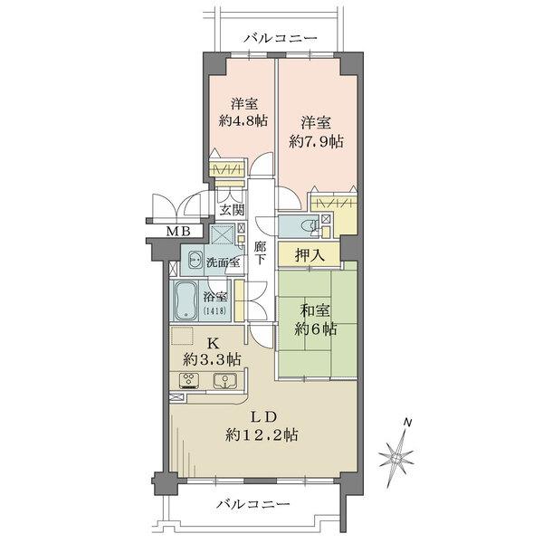2面バルコニー付き、陽当り良好な南向き住戸。LDKと和室は一体利用し、21帖超の広々空間で寛げます。