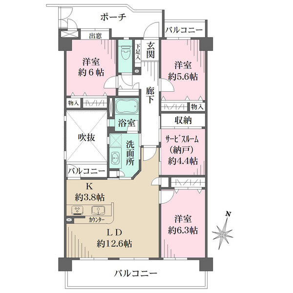 ゆとりある住まい設計。南東側を含む3箇所にバルコニーがあり、陽当り・通風良好です。全居室に収納あり。