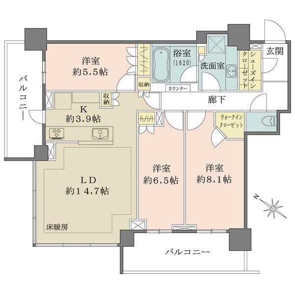 11階部分、北西・南西向きの角住戸。2面にバルコニーが備わり、陽当り良好。豊かな眺望を望めます。