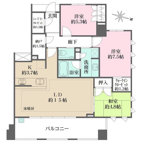 全居室が窓に面した、明るい角住戸。1.2帖超のウォークイン&シューズインクローゼット、納戸付き。