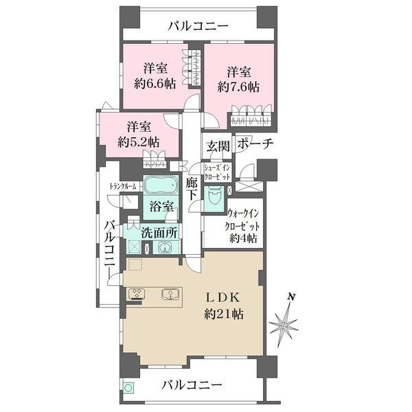 7階部分、南向き角住戸、3LDK+WIC(約4帖)の間取りです。通風・陽当たり・眺望良好です。