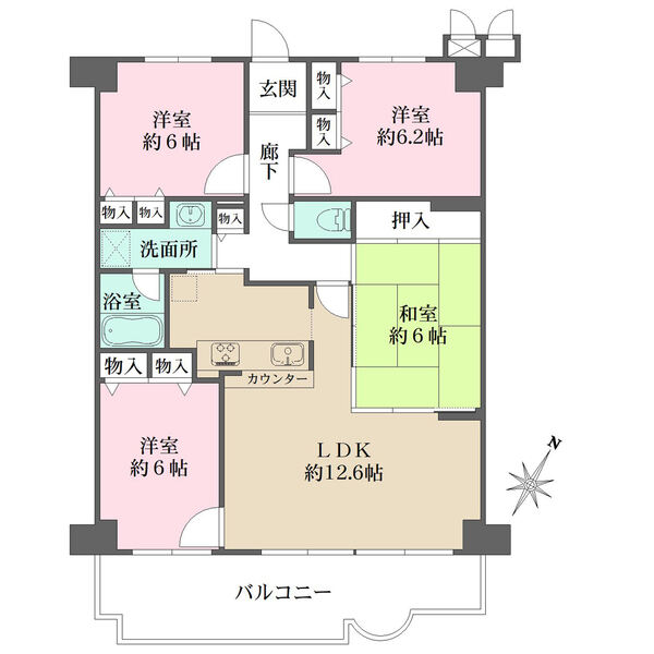 全居室6帖超の広さが確保されたゆとりある間取りです。キッチンと洗面室が近く、家事効率の良い設計です。