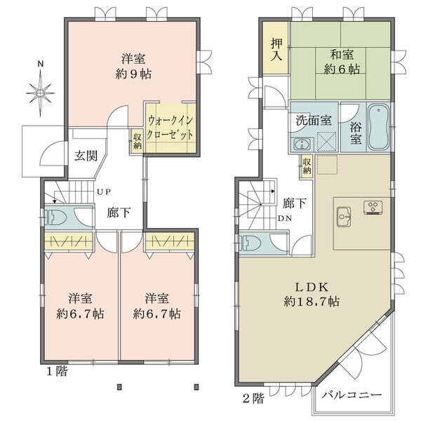 LDK約18.7帖・各個室6帖超のゆとりある間取り。ウォークインクローゼットなど、収納も豊富です。