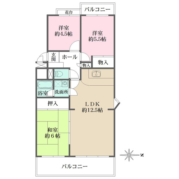 東・西側の2面バルコニー付き住戸。プライバシーに配慮された、サイドイン仕様の玄関が採用されています。