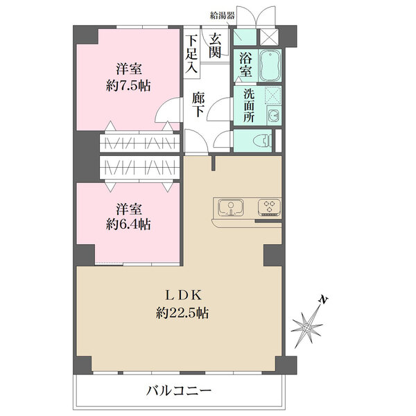 南東向き住戸。LDKは約22.5帖、各洋室も6帖以上の広さが確保された、ゆとりある間取り設計です。