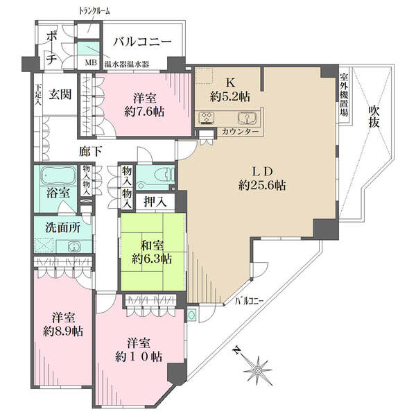 角住戸につき日当り・通風良好。全居室収納+トランクルーム付きで、居住空間を広くご使用いただけます。