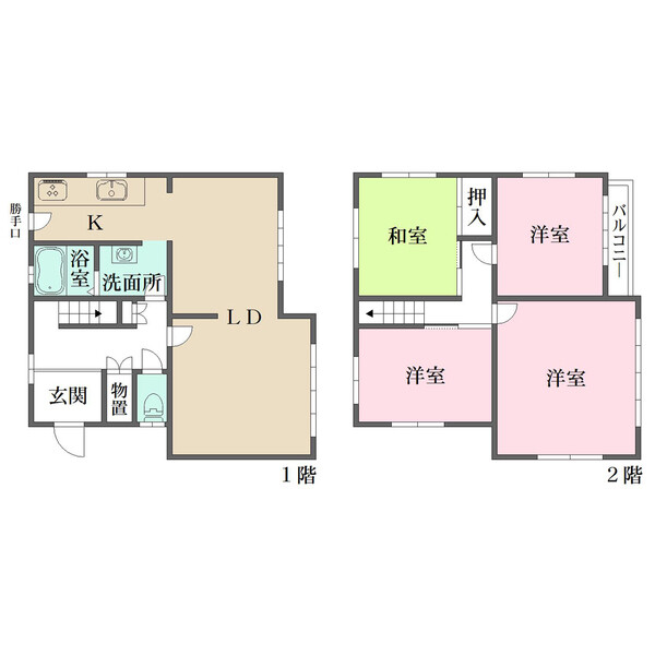 和室1部屋、洋室3部屋が配された住まい。水回りが1階に集約されており、家事・生活動線良好です。