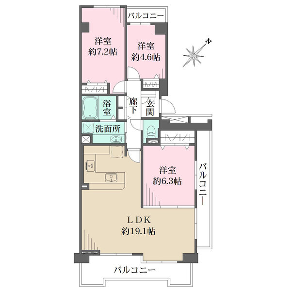 3面バルコニー付きの南東向き角住戸。LDKは広々約19.1帖。各洋室・廊下に収納が備わっています。
