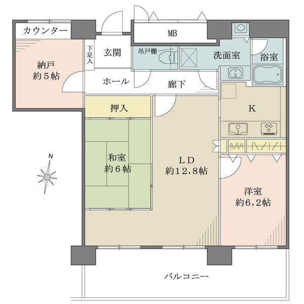 約5帖の納戸有。和・洋室の出入りはLDを経由するので、ご家族が顔を合わせる機会が自然と増えそうです。