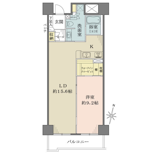 南向きバルコニー付き住戸。洋室はベッド2台設置可能な約9.2帖、大型ウォークインクロゼット付き。