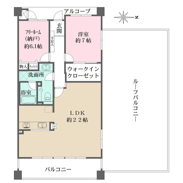 広々ルーフバルコニーに、LDKと洋室約7帖が面しています。洋室約7帖はウォークインクローゼット付き。
