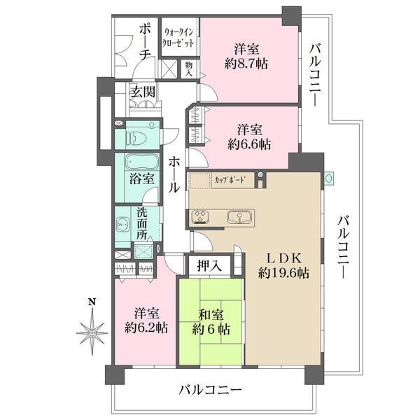 豊かな採光と風通しをもたらす、南・東側の2面バルコニー付き。北側洋室にウォークインクローゼット有り。
