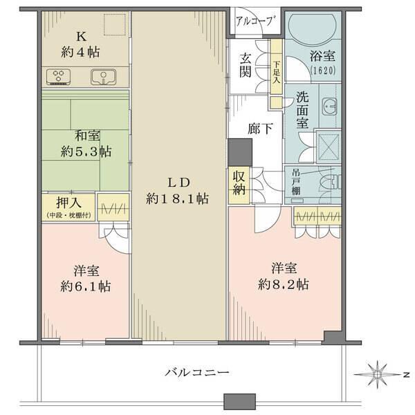 キッチンは家事に集中できる独立式。室内各所に収納有。3部屋に跨る東向きバルコニー付きです。