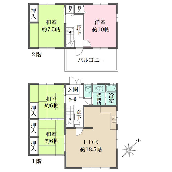 LDK約18.5帖、全居室6帖以上のゆったりとした間取りです。各和・洋室に収納が設けられています。