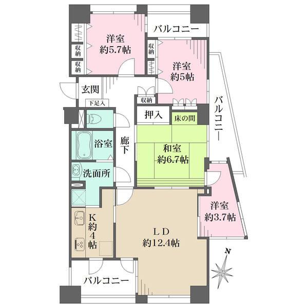 3面バルコニー付きの東南角住戸。キッチンは3WAY仕様で、家事動線良好。全居室バルコニーサイド設計。
