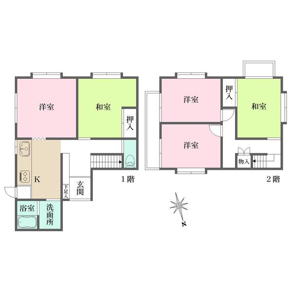 洋室3室、和室2室。南面に開口部が多く、陽当り良好。キッチンに洗面所が隣接し、家事動線スムーズです。