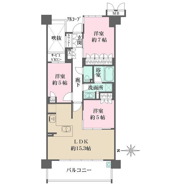 約15.3帖のLDKには動線良好なL字型キッチンが配されています。バルコニーにはスロップシンク有り。