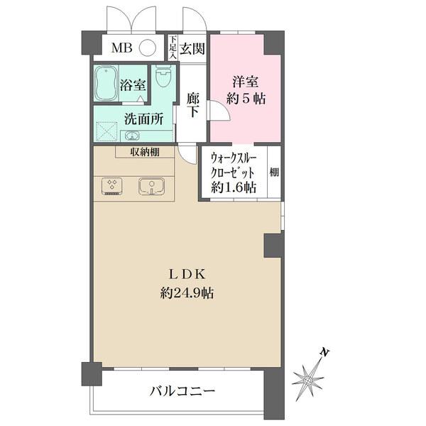 LDKは約24.9帖の広々空間。洋室との間に、約1.6帖のウォークスルークローゼットがございます。