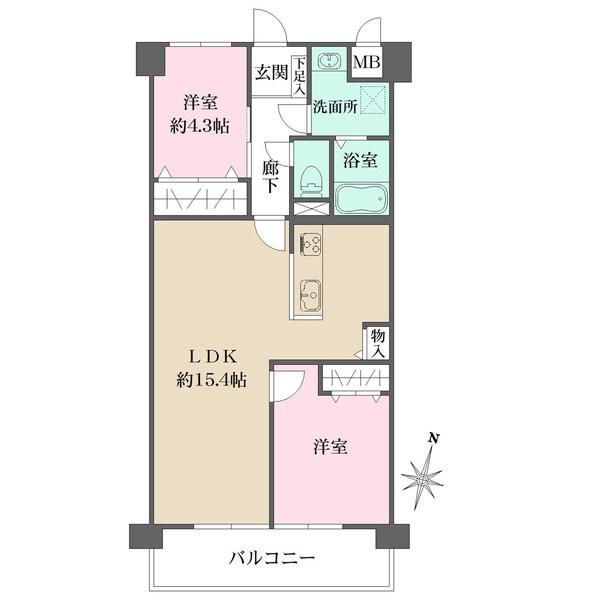 2部屋がバルコニーに面した、陽当り良好な南向き住戸。LDは家具の設置がしやすい縦長のレイアウトです。