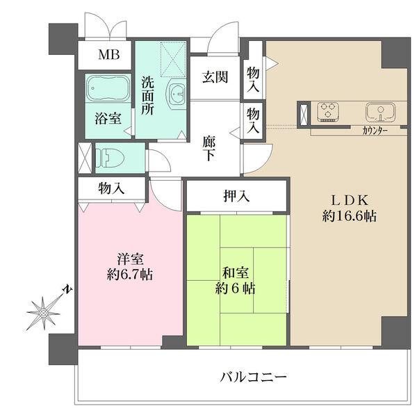 LDKを含む全3居室が面する、ワイドスパンの南東向きバルコニー有り。全居室や廊下などに収納充実。