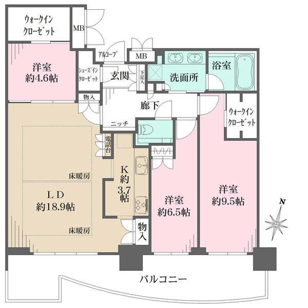 南向きバルコニーにLD含む3室が面し、陽当り良好。LDと洋室約4.6帖は一体利用可。大型収納複数有。