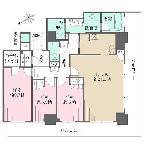 開放感のある角住戸。LDKは広々約21.3帖、キッチンは家事動線良好な2WAY設計。収納豊富です。