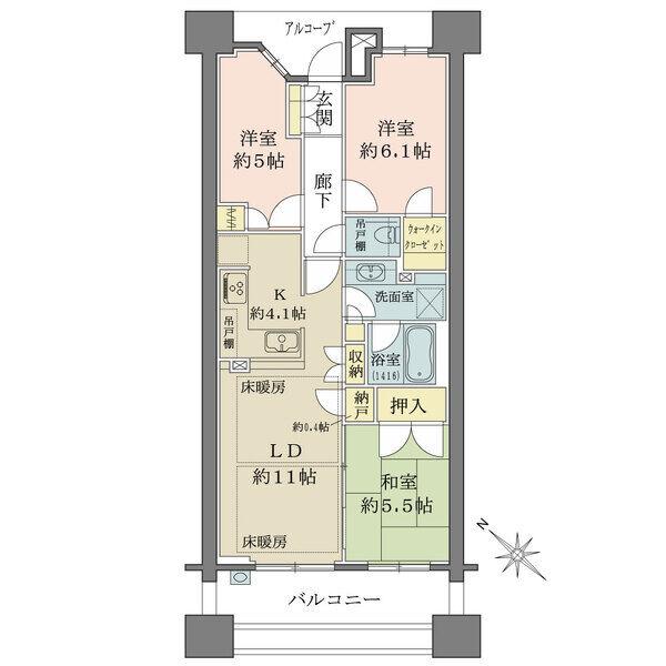 南西向き住戸。ウォークインクローゼットなど、全居室に豊富な収納有。バルコニーはスロップシンク付き。