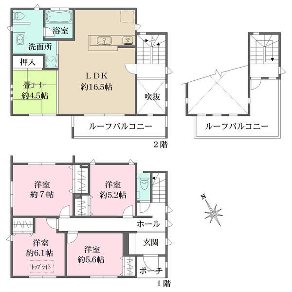 南西向きルーフバルコニー付き。LDKに約4.5帖の畳コーナー有り。玄関上部は明るい吹抜け空間です。