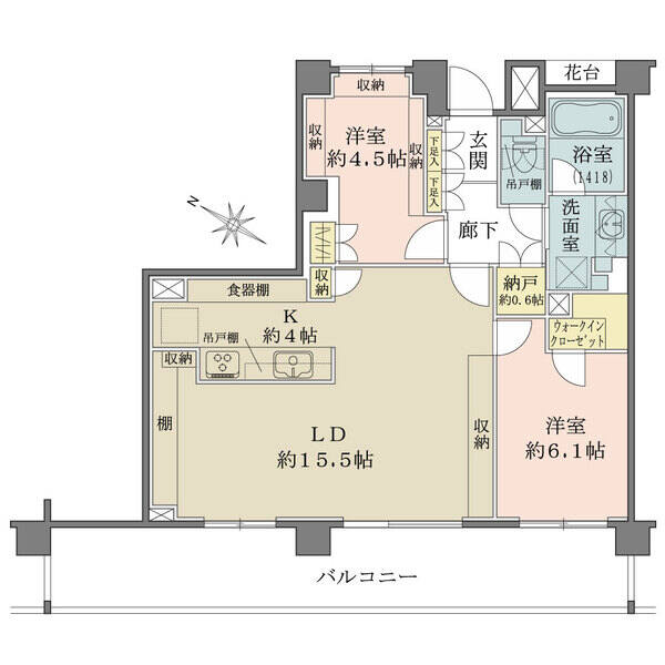 廊下部分を減らし、居住空間を有効活用した間取り設計。南西向きのワイドバルコニーから陽光が注ぎます。