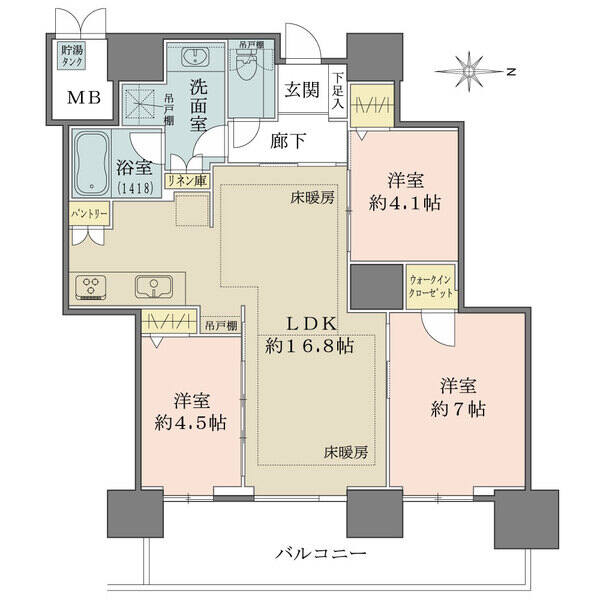 開放感のあるリビングと独立型キッチン、全居室に収納スペースのある間取りでございます。