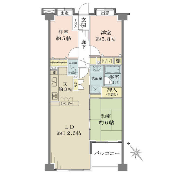 陽当り良好な南西向き。LDと和室は一体利用可能。キッチンはカウンター付き。全居室に収納がございます。