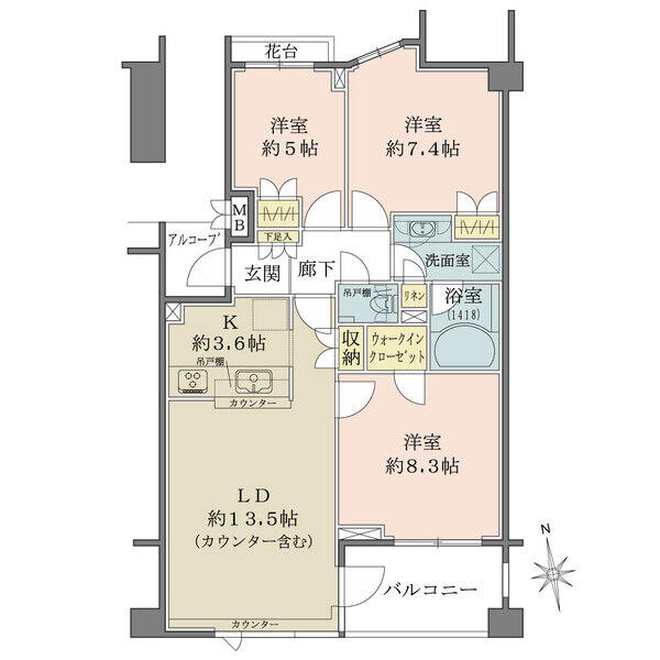 2部屋がバルコニーに面した南向き住戸。ウォークインクローゼットなど、全居室に収納が備わっています。