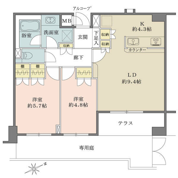 各洋室や廊下、キッチン、LDに収納が備わっています。専用庭付きのため開放的なおうち時間が過ごせます。