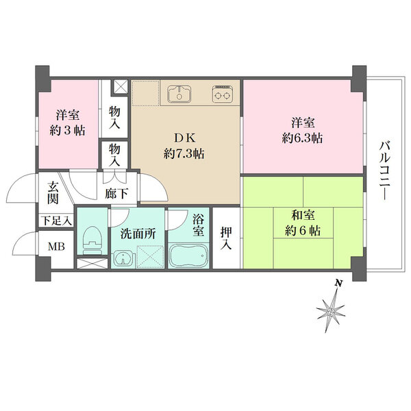 洋室、和室、廊下などに収納が設けられています。2部屋が東向きのバルコニーに面し、通風良好です。