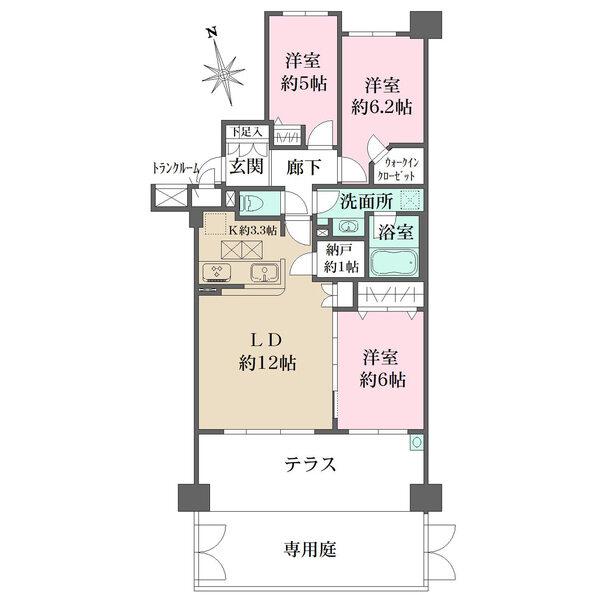 廊下部分を短く住空間を広く確保された設計。逆梁工法やアウトフレーム工法が採用されています。