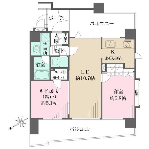 5階部分の3方角住戸。2面バルコニー×3面開口につき採光・通風良好。約5.1帖のサービスルーム有り。